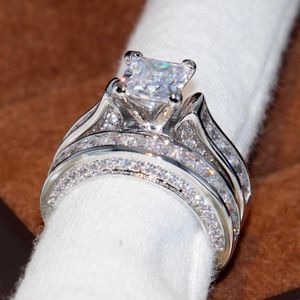 Victoira Wieck Vintage Jewelry KT White Gold Filled Princess Cut Square Topaz CZ Diamond Women Wedding Engagement Bridal Ring Set Gift