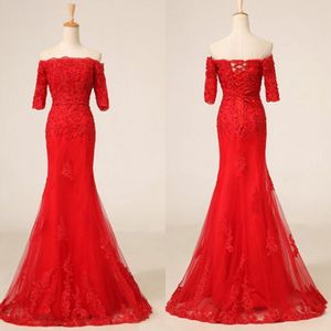 Wspaniała czerwona sukienka Off Ramię Pół Rękaw Chiński Prom Party Dresses Cheongsam Lace-Up Sweep Lace Koronki i Tiul z aplikacjami