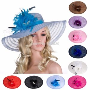 chapéus de palha de verão simples venda por atacado-As mulheres se vestem de casamento igreja Kentucky Derby Wide Brim Feather Véu Classic Big Stripes Sun Beach cap A265