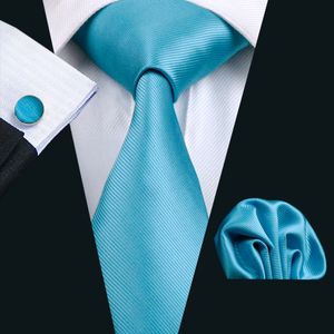 Classic Business Solid Blue Mens Silk Tie Pocket Square Manschettknappar Neck Tie Set Jacquard Woven Formell Arbetsmöte Fritid N