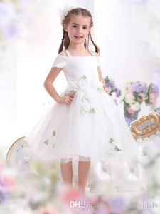 Flower Girl Dresses Gowns Off The Shoulder White Tulle Olive Green Hand Made Flowers Knee Length Kids Dress For Weddings Party Vintage Style