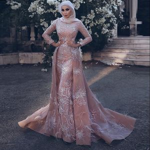 Bliski Wschód Długie rękaw Mermaid Prom Dresses d Applique Overdkirts Berta Suknie ślubne Luksusowy Muzułmański Sukienka Zdejmowany