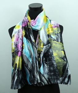 1pcs Pink Lily Flower Dark Grey Scarves Women s Fashion Satin Oil Painting Shawl Beach Silk Scarf X50cm