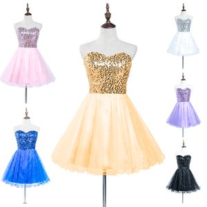 2019 Moda Cekiny Homecoming Sukienki Lace Up Mini Wielopięciowy Tulle Bez Ramiączek Złoty Różowy Lilacz Białe Czarne Niebieskie Tanie Krótkie Prom Suknie SD032
