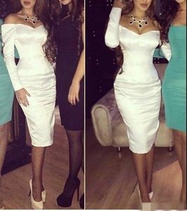 2019 Sexy Cocktail Dresses Long Sleeves Tea Length White Satin Formal Celebrity Arabic Off Shoulder Prom Party Dress Backless Vestidos de