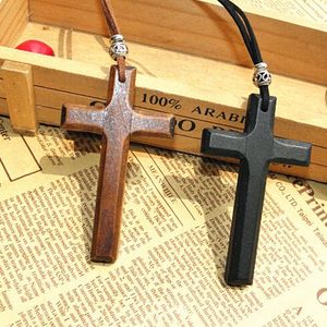 Discount wooden cross pendant necklace vintage beads leather cord sweater chain men women jewelry handmade stylish