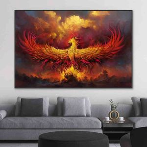 Moderne kunst gouden vlam rode phoenix canvas posters en dier prints thuis woonkamer wanddecoratie schilderij