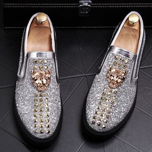 Wholesale mens black loafer dress shoes resale online - 2021 New Luxury Men s Fashion Casual Shoes Gold green red Glitter Leisure Slip on Rivets Loafers Man Party Weeding Dress Shoes AXX976