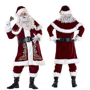 サンタクローススーツマンアダルトコスプレクリスマスコスチュームレッドデラックスベルベットファンシー8個セットクリスマスパーティーファミリー