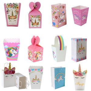 çocuklar doğum günü paketleri toptan satış-Doğum Günü Kağıt Parti Süslemeleri Çocuk Hediye Çerez Ambalaj Şeker Kutusu Unicorn Tema Malzemeleri