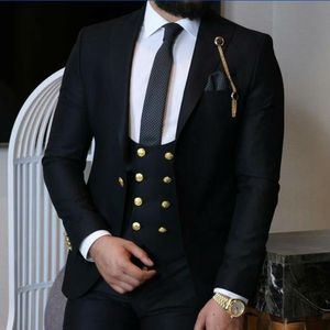 2021 Black Męska ślub Tuxedos Custom Made Groom Wear dla Slim Fit Business Dress Garnitury Prom Dinner Plus Size Pics Set Kurtka kamizelki spodnie Złoty przycisk urodziny