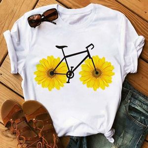 bicycle t shirts toptan satış-Ayçiçeği ile Komik Bisiklet Bayan T Gömlek Yaz Harajuku Beyaz Kısa Kollu Karikatür Baskı Giyim