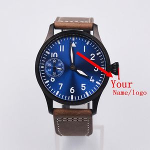 смотреть поделки
 оптовых-Наручные часы DIY пользовательские логотип мм PVD Case Blue Dial Ручная обмотка Механические мужские часы