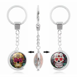 Keychains Multicolor Mexican Sugar Skull Pendant Keychain Glass Dome Double Side Rotatable Metal Key Chain Ring Jewelry Accessories