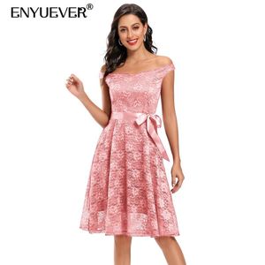 Enyuver kort spets fest klänning kvinnor kläder av axel knä längd formella klänningar elegant rosa bröllop vestidos casual klänningar