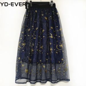 Gold Moon Star Haftowane Tulle Spódnica Vintage Semi Sheer Tkaniny Wysoka Talia Plised Midi Dla Kobiet Damskie Spódnice