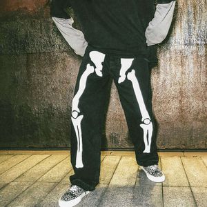 Mannen Skelet Oversized Black Jeans Broek Denim Mens Streetwear Hip Hop Harem Hoog Wasit Overalls SA