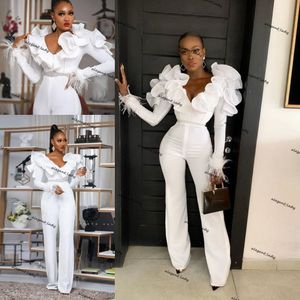 Plus Size Wedding Jumpsuit Dresses with Beaded Belt Ruffles Neck Long Sleeve African Nigerian Bridal Gowns with Pant Suit Robes