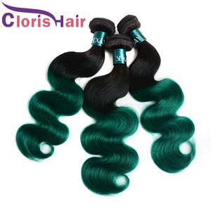 Reinforced Double Weft B Turquoise Green Colored Wavy Weave Human Hair Raw Virgin Indian Ombre Extensions Two Tone Body Wave Weaving Bundles