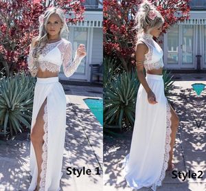 Two Pieces Casual Beach Wedding Dresses Summer Design Front High Split Long Sleeves Lace Top Chiffon Bridal Gowns Custom Size A Line