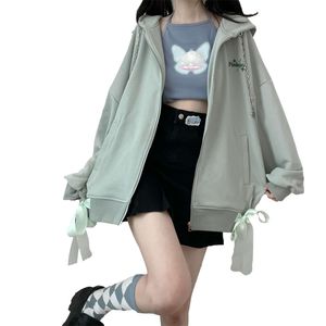 Damskie bluzy bluzy Harajuku Kawaii Zip Up Black Hoodie Green Girls Per z Koreański Dziewczyna Damska Moda Streetwear Goth Basic Odzież HKG3