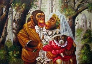 düğünler için resimler toptan satış-Maymun Düğün Büyük Yağlıboya Tuval Üzerine Ev Dekor Handpainted HD Baskı Duvar Sanatı Resimleri Özelleştirme kabul