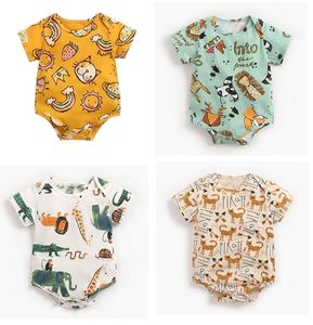Baby Cartoon Animal Print Triangle Rompers Summer Barn Boutique Kläder T Spädbarn Bomull Korta Ärmar Onesies
