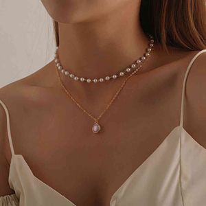 joyería de la ola al por mayor-2021 moda coreano onda perla collar linda cadena doble colgante mujeres joyería niña regalo de Navidad