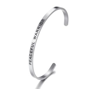 Wholesale initial bangles for sale - Group buy Inspirational Message Personalized Bracelet Initial Engraved quot PEACEFUL WARRIOR quot Cuff Stainless Steel Bangle For