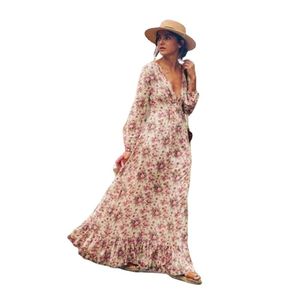 цыганские платья макси оптовых-Повседневные платья плюс размер цыганских хиппи стиль цветочные напечатанные белые Maxi пляжное платье печать глубокий v шеи ботанический праздник boho vestidos