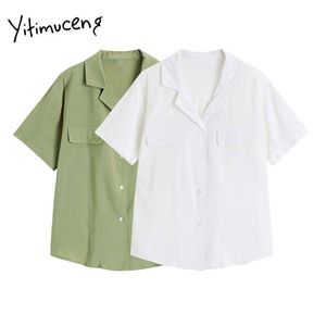 YITIMUCENGブラウス女性ポケットボタンアップシャツオーバーサイズユニコロルホワイトライトアーミーグリーン夏韓国ファッショントップ210601