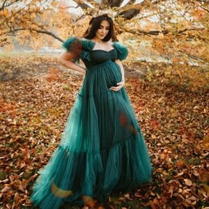 Green Pretty Tulle Dresses For Maternity Shoot Off The Shoulder Bridal Fluffy Robe Women Dressing Casual