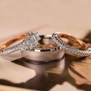 3PCS Vintage Fine Jewelry Silver Rose Gold Fill Three Stone Princess Cut White Topaz CZ Diamond Women Wedding Bridal Ring