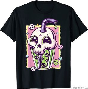 camisas de manga bolha venda por atacado-Kawaii Pastel Goth Creepy Crânio Boba Bubble Chá Vaporwave T shirt Tops de Manga Curta Tee Oversized