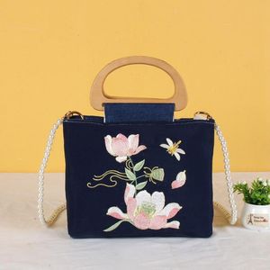 Wholesale chinese embroidered bags for sale - Group buy Duffel Bags Linen Organza Embroidered Flower Handbag Simple Chinese Style Cheongsam Hanfu Bag Fairy Wood Handle