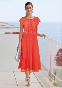 Orange Tea Length Mother Of The Bride Dresses Beach Wedding Lace Top Mothers Formal Wear Plus Size Evening Gowns Cap Sleeve