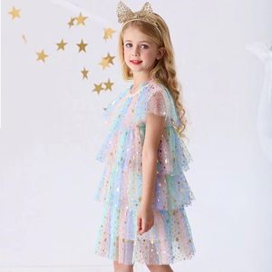 Dziewczyny Dresses Rainbow Kids Dla Dziewczyn Lato Cekinowa Gwiazda Kwiat Dziewczyna Tulle Suknia Balowa Koronki Płatek Rękawy Princess Sukienka Rozmiar T