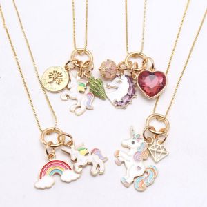 DIY Cute Baby Kids Necklaces Cartoon Unicorn Rainbow Tree Heart Pendant Fashion Girls Charms Chain Necklace Children Jewelry For Party Gift