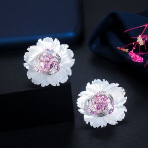 Kvinnor Örhängen Tillbaka Stud Blommor Designer Smycken Gul Rosa Kubik Zirconia Shell Koppar Silver Earring Gift