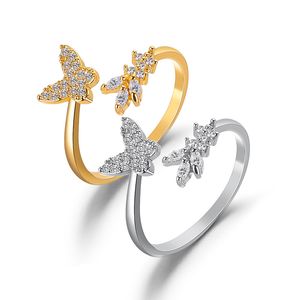 schmetterlingsringentwürfe großhandel-Schmetterling offener Ring für Frauen Trend Strass Blatt einstellbar Kupfer Engagement Design Hochzeit Modeschmuck