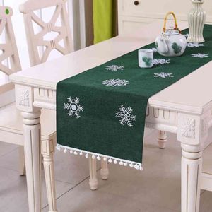 Nordic Christmas Cotton Linen Snowflake Runner Green cloth Table Mat Restaurant Home Decoration Placemat