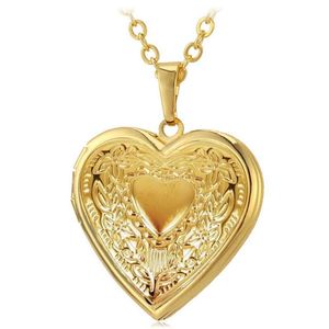 klasik altın kalp kolye kolye toptan satış-Kolye Kolye Kalp Locket Kolye Metal Pirinç Altın Po Çerçeve Bellek Romantik Aşk Vintage Kadınlar Takı Hediye P326