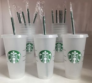 eco-griff großhandel-Starbucks Cup Oz ml Oz Kunststoff Becher Tumbler wiederverwendbarer klarer trinkender flacher bodenschale säulenform deckel stroh tassen bardian stücke frei dhl