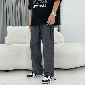gri çizgili erkekler için uygun toptan satış-Erkek Takım Elbise Blazers Buz Ipek Gevşek Rahat Pantolon Şerit Baskı Suit İpli Düz Gri Siyah Renk Pantolon M XL