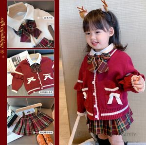 Wholesale white girl outfits resale online - Christmas children princess clothing sets girls knitted long sleeve sweater cardigan white shirt plaid pleated skirt preppy style kids outfits Q2626