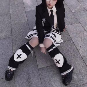 calcetines calientes de pierna japonesa al por mayor-Calcetines calcetines de verano niña japonesa amor cruz estampado de pierna punk harajuku jk negro calentador