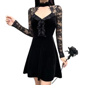 Casual Dresses Women Clothing Long Sleeved Dress With Stitching Lace Hollow Chest Sexy Flower Pattern Autumn Spring