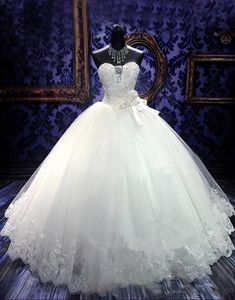vestido de saia florada de tule venda por atacado-Vestidos de nupcial lindo vestido de bola querida beading flores chão vestido de casamento encantador
