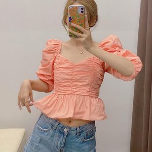 Wholesale modern tops for girls resale online - Women s Blouses Shirts Women Blouse Puff Sleeve Summer Fashion Pleated Pullover Shirt Elastic Back Modern Girl Crop Top