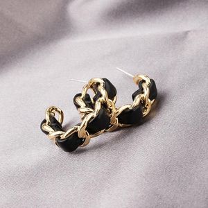 Hoop Huggie VSnow Unique Design Twisted Chain Black Color Leather Earrings For Women Gold Alloy Link Open Bijoux Femme